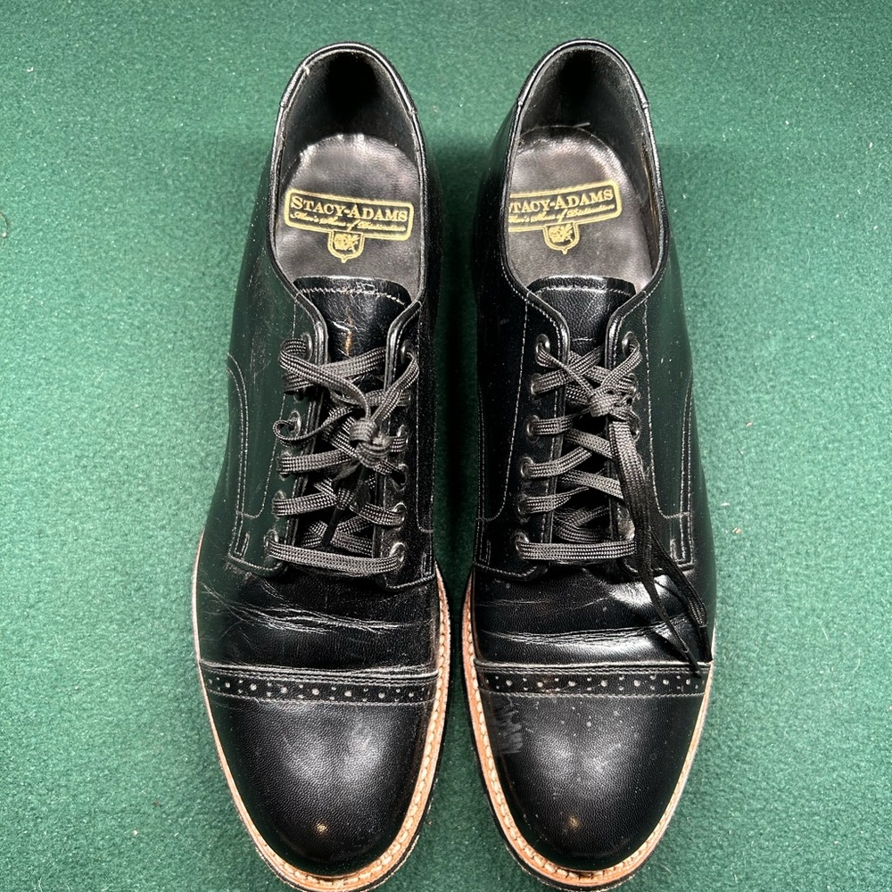 Stacy Adams Black Leather Cap-Toe Lace-Up Oxfords with Brown Welt